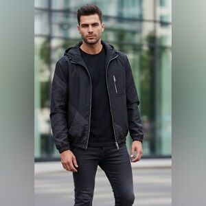 Authentic Fendi FF Logo Black Monogram Hooded Windbreaker Jacket, IT48/L